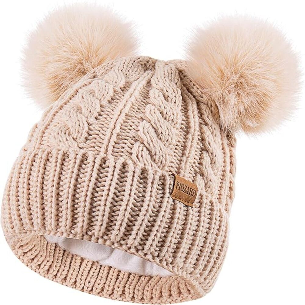 PIOZAED Women's Winter Soft Knit Warm Fleece Lined Beanie Double Pom Hat